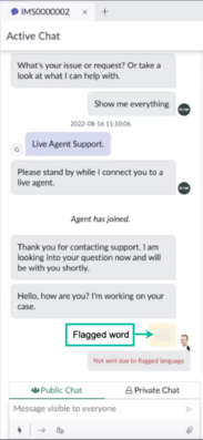 エージェントチャット 禁止キーワードを含むメッセージがハイライト表示された会話。