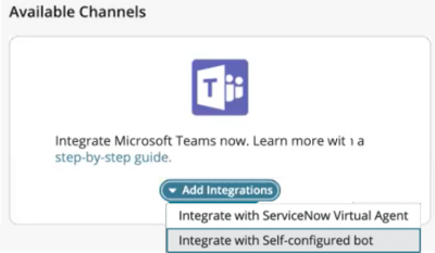 Microsoft Teams の [統合を追加] オプション。[自己設定ボットと統合] オプションが選択されています。