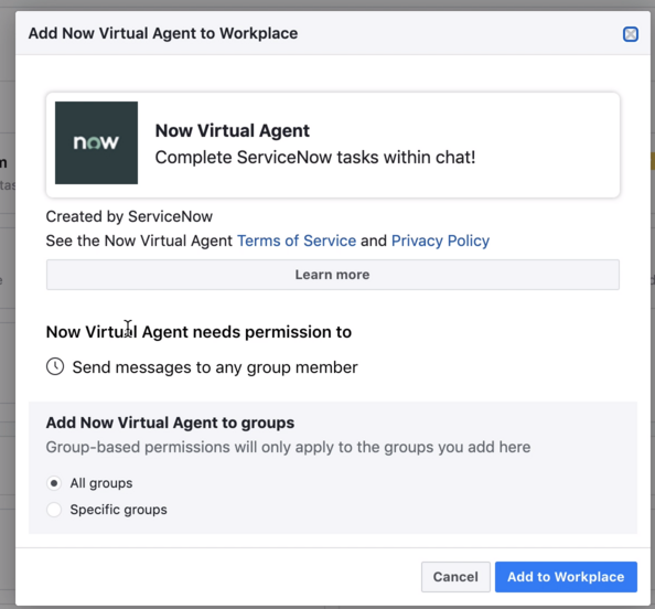 Workplace from Facebook からの 仮想エージェント 統合のインストールダイアログボックス