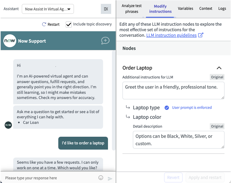 LLM 指示ガイドラインリンクを含むユーザー情報を表示する [指示を変更 (Modify instructions)] タブ、および [ユーザープロンプトが適用されたロックされたノードを含む、入力コレクター内に保持されているノード (Nodes held within an Input collector is enforced)] メッセージが表示されています。