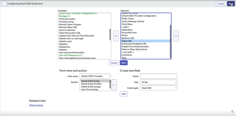 [トークン URL] オプションが選択された [OAuth OIDC エンティティ] フォーム設定ページ