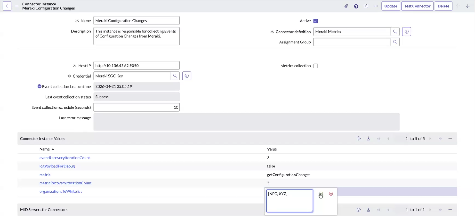コネクタ構成の organizationsToWhitelist フィールドを示すスクリーンショット
