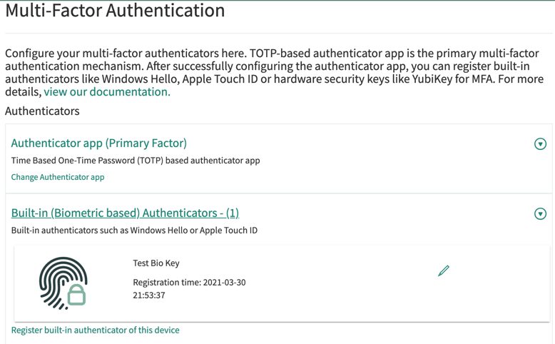 Seite der Multifaktor-Authentifizierung mit einem biometrischen Authentifikator