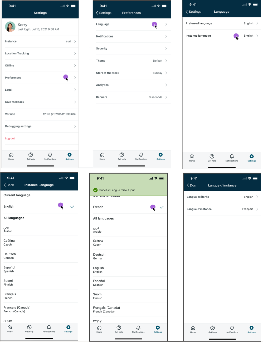 Flow of images showing the selections made from the Settings menu to select the instance language