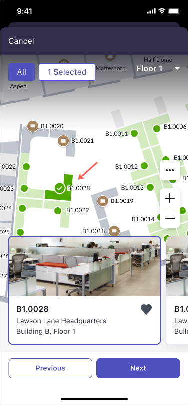 Selected destination shown on a mobile Indoor Wayfinding map
