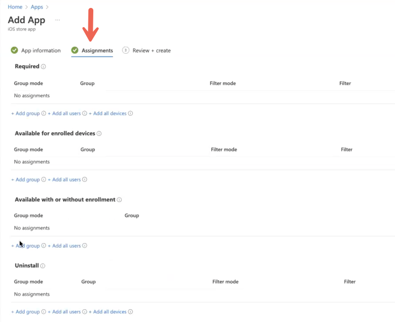 Microsoft Endpoint Manager admin center Assignments tab.