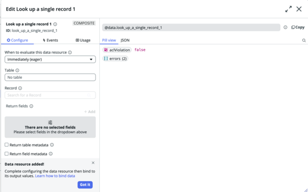 Look up a single record configuration modal.