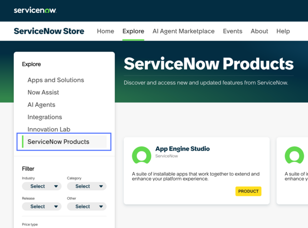 ServiceNow Store 探索ナビゲーションメニューと App Engine Studio 製品リストを表示するページ。