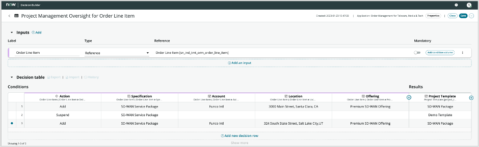 Project oversight conditions including Specification, Account, Location, and Offering that an order line must match and the project template used to create the project for the order line.