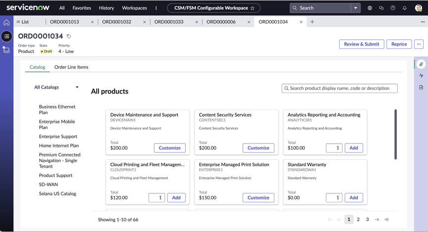 Product catalog used to add products and services to orders.