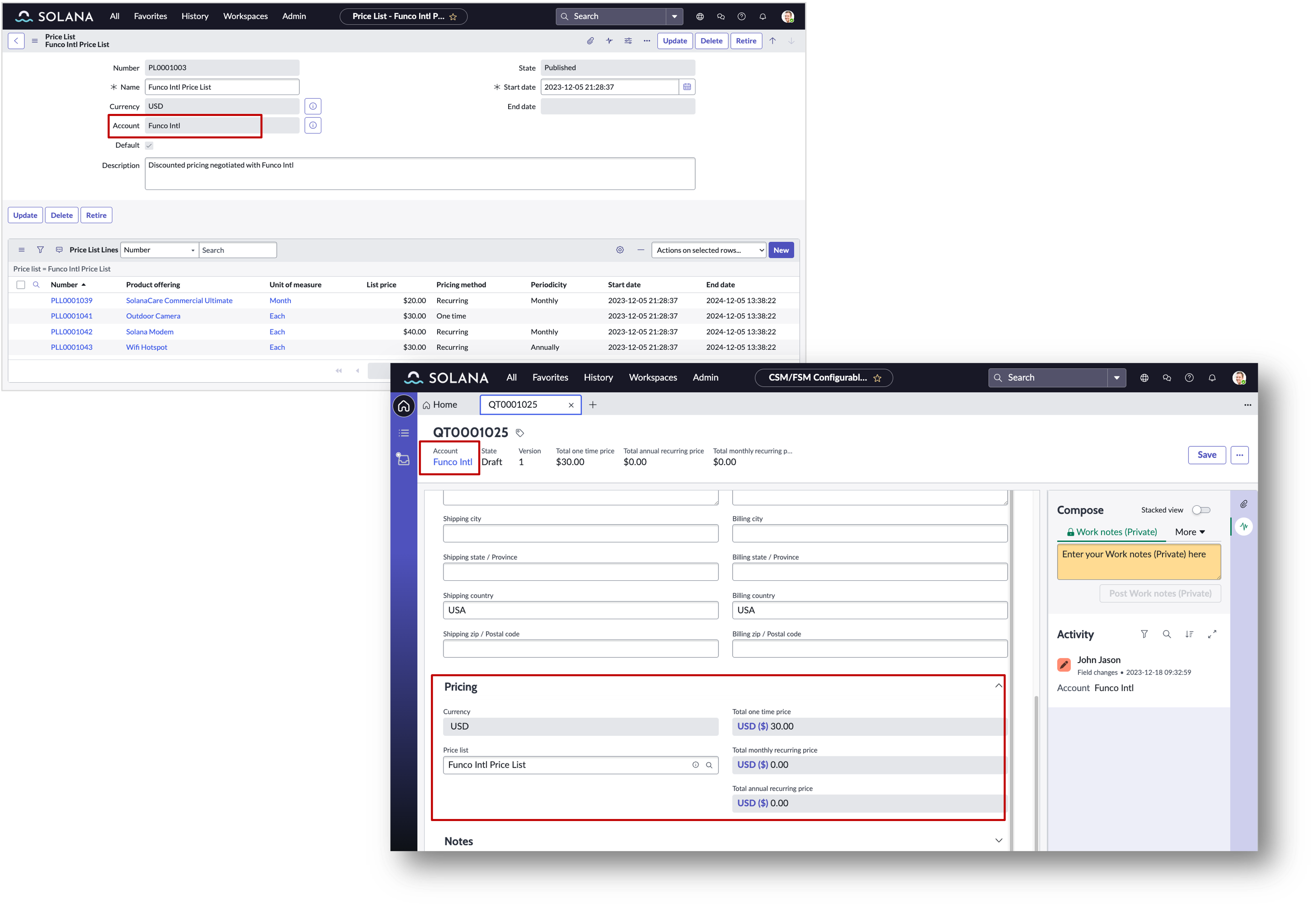Account-based price list for Funco company and the Funco pricing information displayed in a quote for Funco.