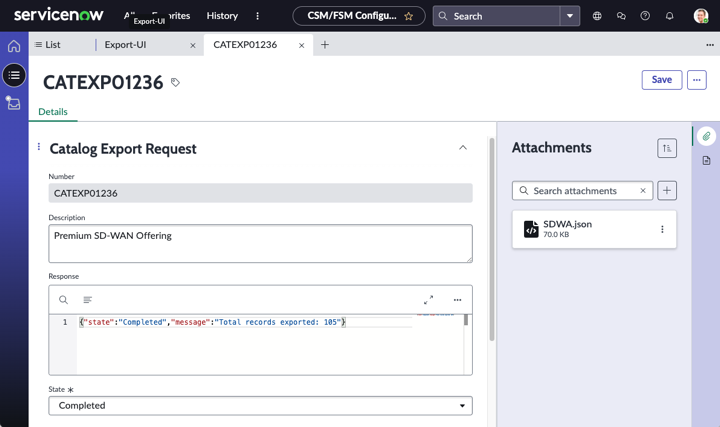 The Catalog Export Request page with an exported JSON file in the Attachments pane.