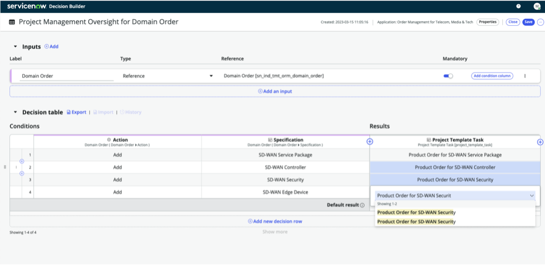 Decision table for domain order that has two project template task options with the same Short description