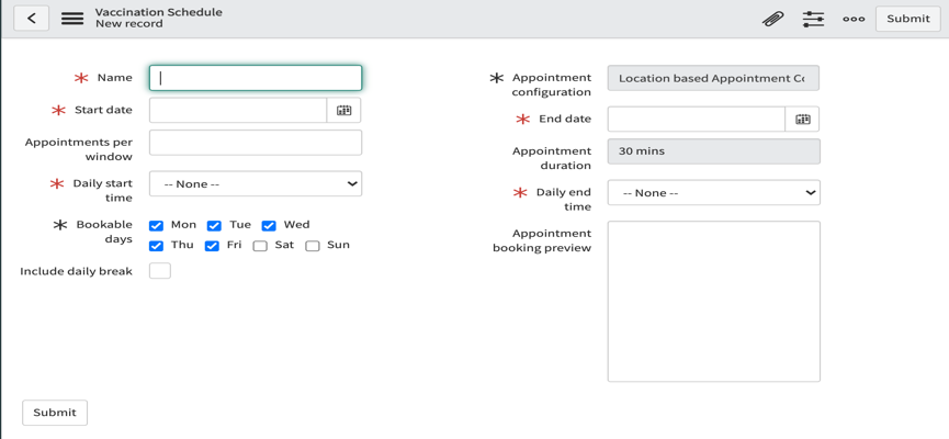 Vaccination Schedule form with various fields to fill. For information on the fields available here, see the Vaccination Appointment Configuration form section that follows.