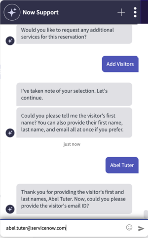ID d’e-mail du visiteur fourni par l’employé dans Now Assist dans Agent virtuel.