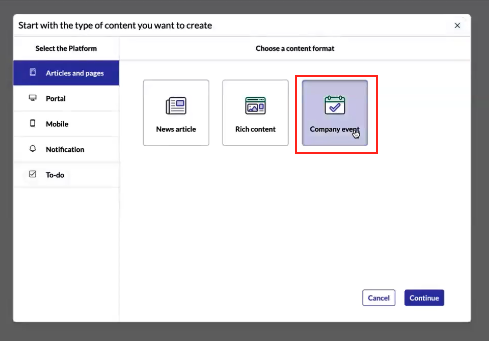 Choisir un événement de la société pour le type de contenu