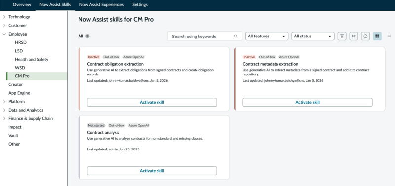 Now Assist skills available for Contract Management Pro.