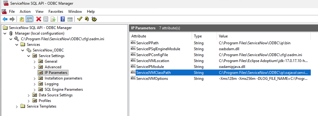 ODBC ドライバー ServiceJVMClassPath の UI 画面。