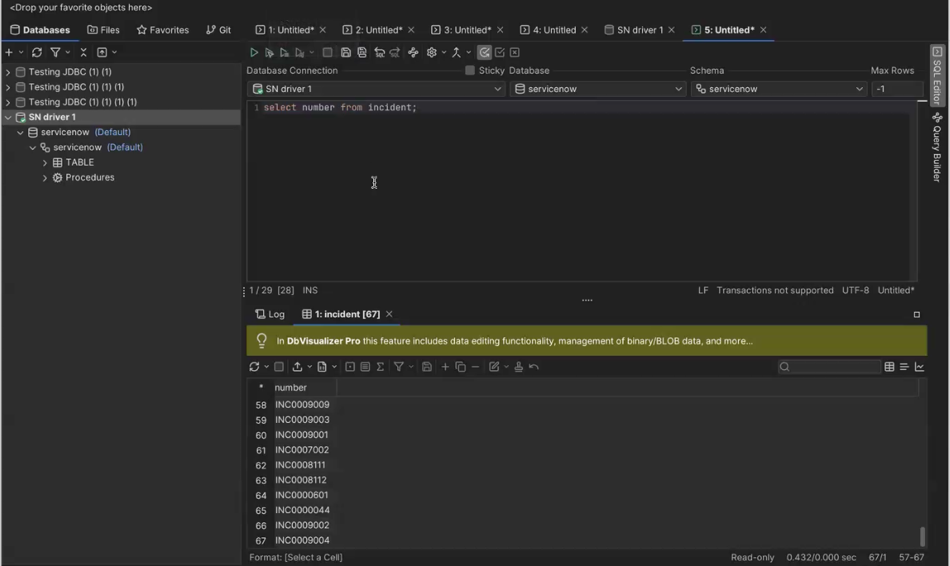SQL クエリを実行するための DB Visualizer UI 画面。