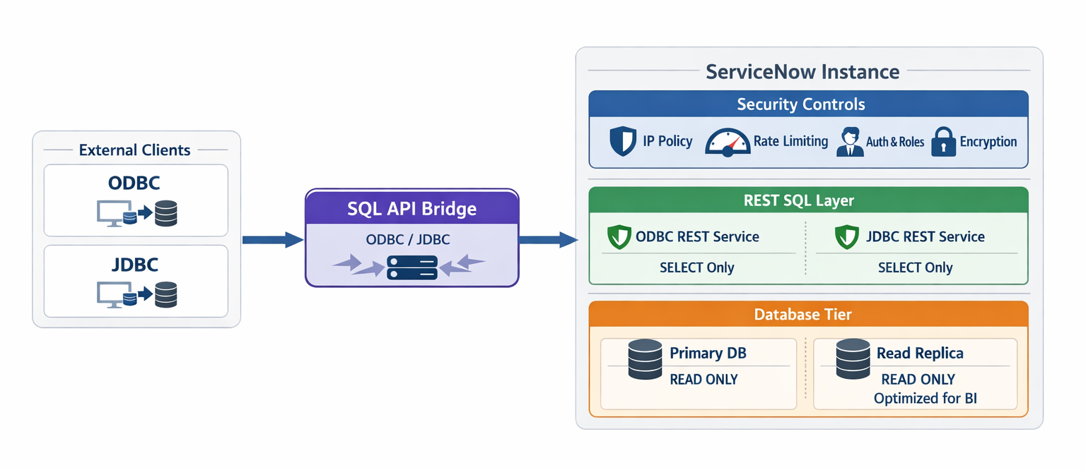 SQL API と ServiceNow システムコンポーネントのやり取りを示すアーキテクチャ図