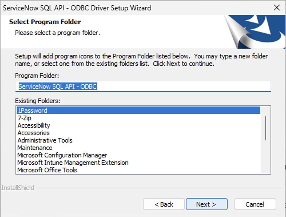 ODBC ドライバーのセットアップ ウィザード - ODBC ドライバー リンクを作成するためのプログラム フォルダーを選択します。