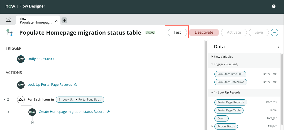Concepteur de flux montrant le flux de la table d’état de migration de la page d’accueil avec le bouton Test décrit