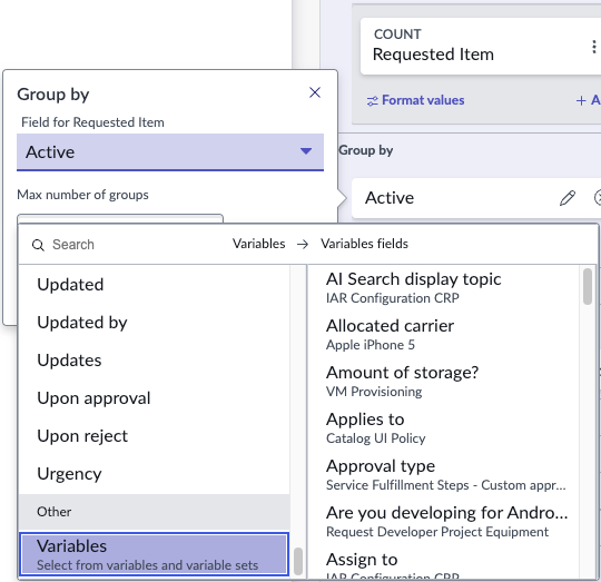 Sélection d’une variable de catalogue de services dans un champ Grouper par.