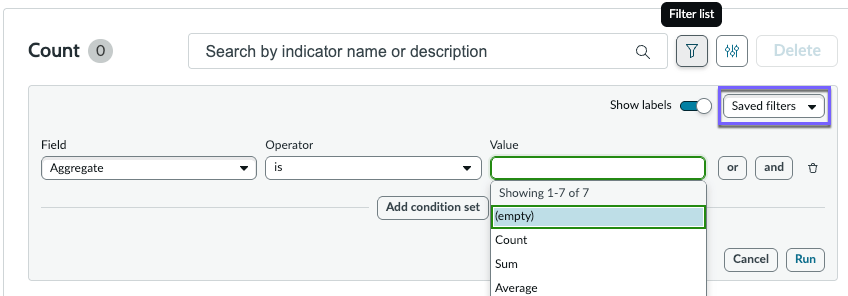 Liste de filtres conditionnels sur la bibliothèque d’indicateurs.