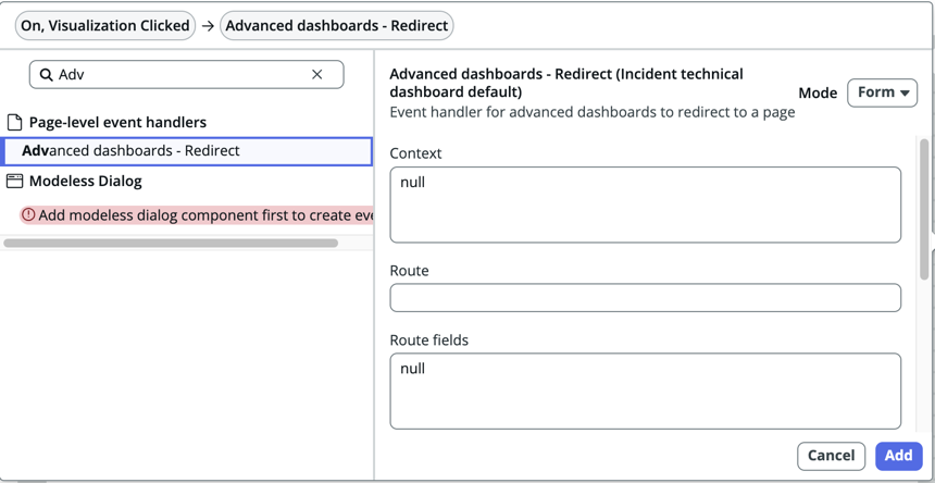 Boîte de dialogue pour configurer le gestionnaire d’événements de redirection des tableaux de bord avancés.