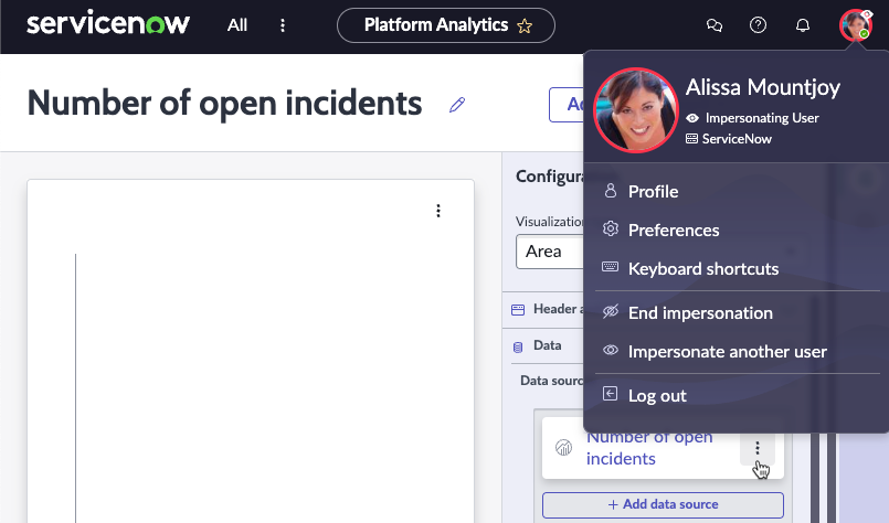 Visualisation du nombre de données d’incidents ouverts en mode d’édition, avec Alissa Mountjoy comme utilisateur connecté et capable de modifier la source de données.