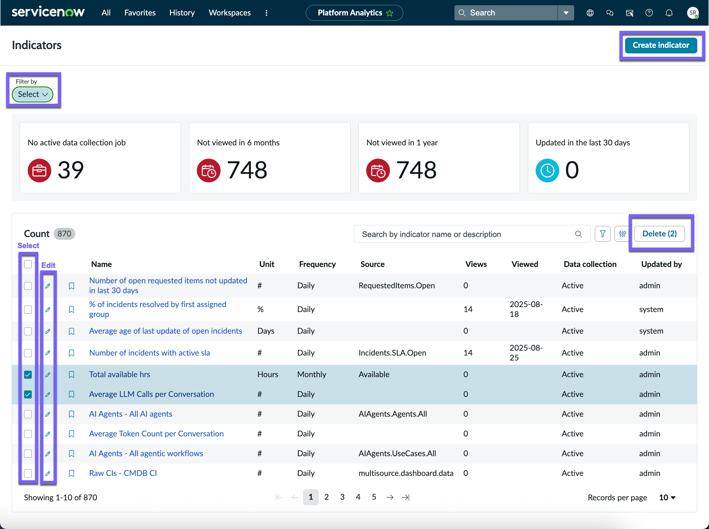 Bibliothèque d’indicateurs de Platform Analytics