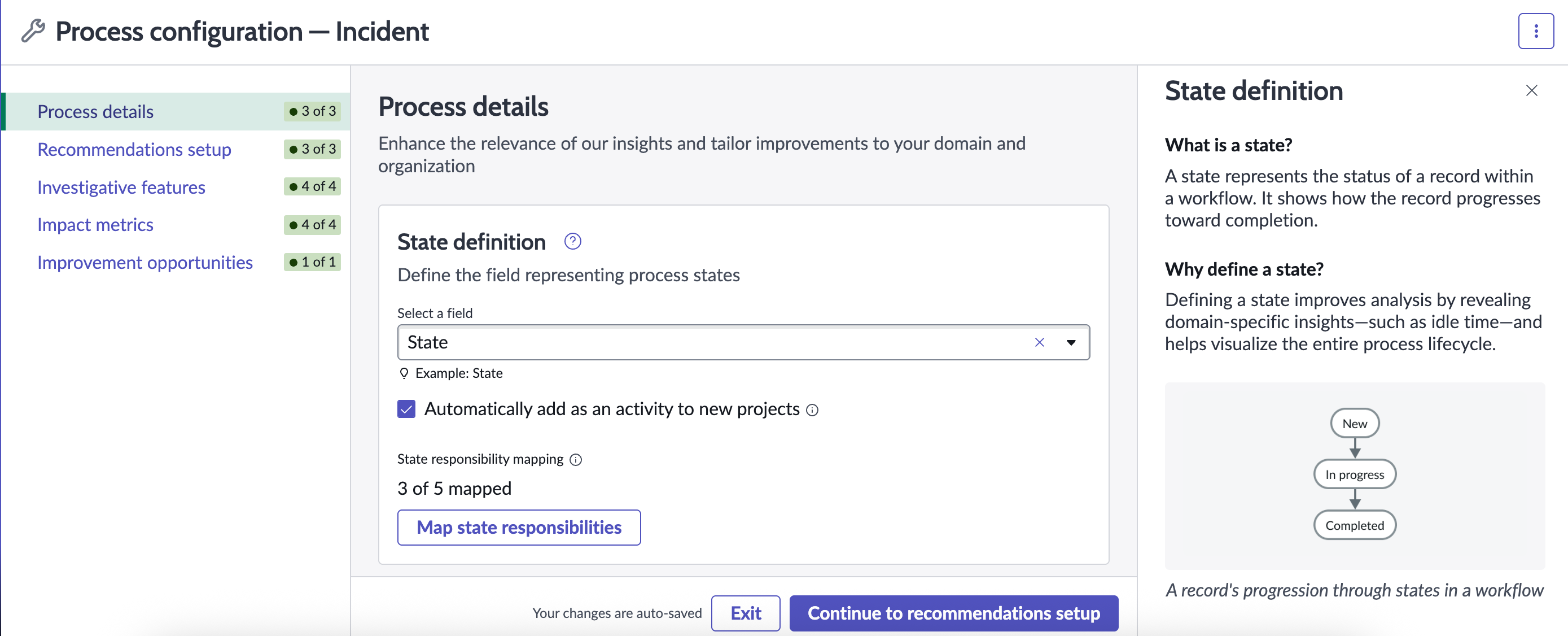 Section de définition de l’état dans Détails du processus pour la configuration du processus