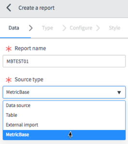 Créer un rapport avec le type de source MetricBase sélectionné