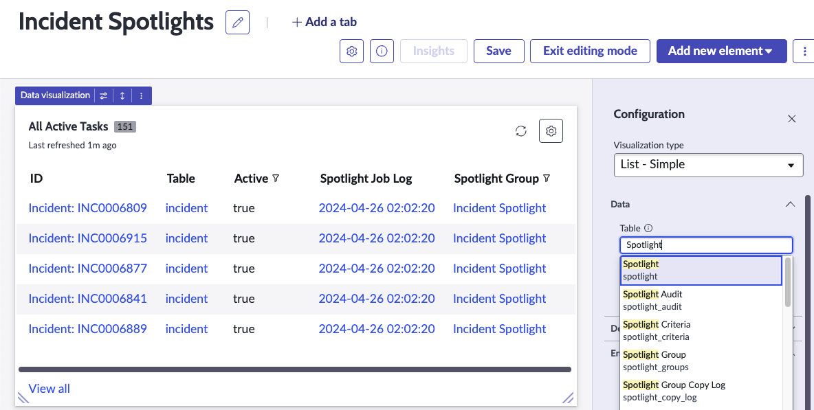 Composant de liste dans l’éditeur de tableau de bord en ligne, affichant la table Spotlight