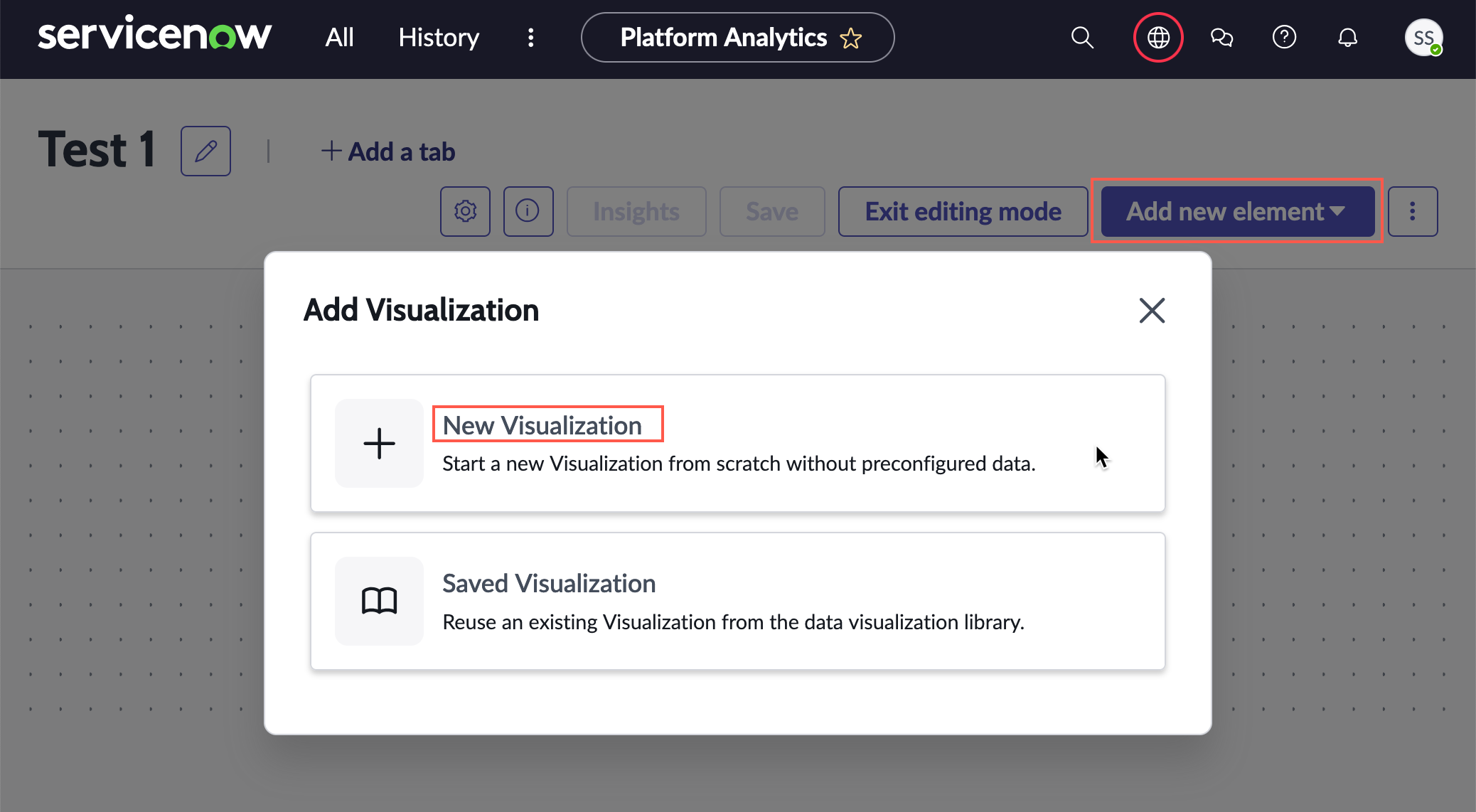 Ouvrez le tableau de bord en mode d’édition avec les boutons Add new element (Ajouter un nouvel élément) et New visualization (Nouvelle visualisation) mis en surbrillance