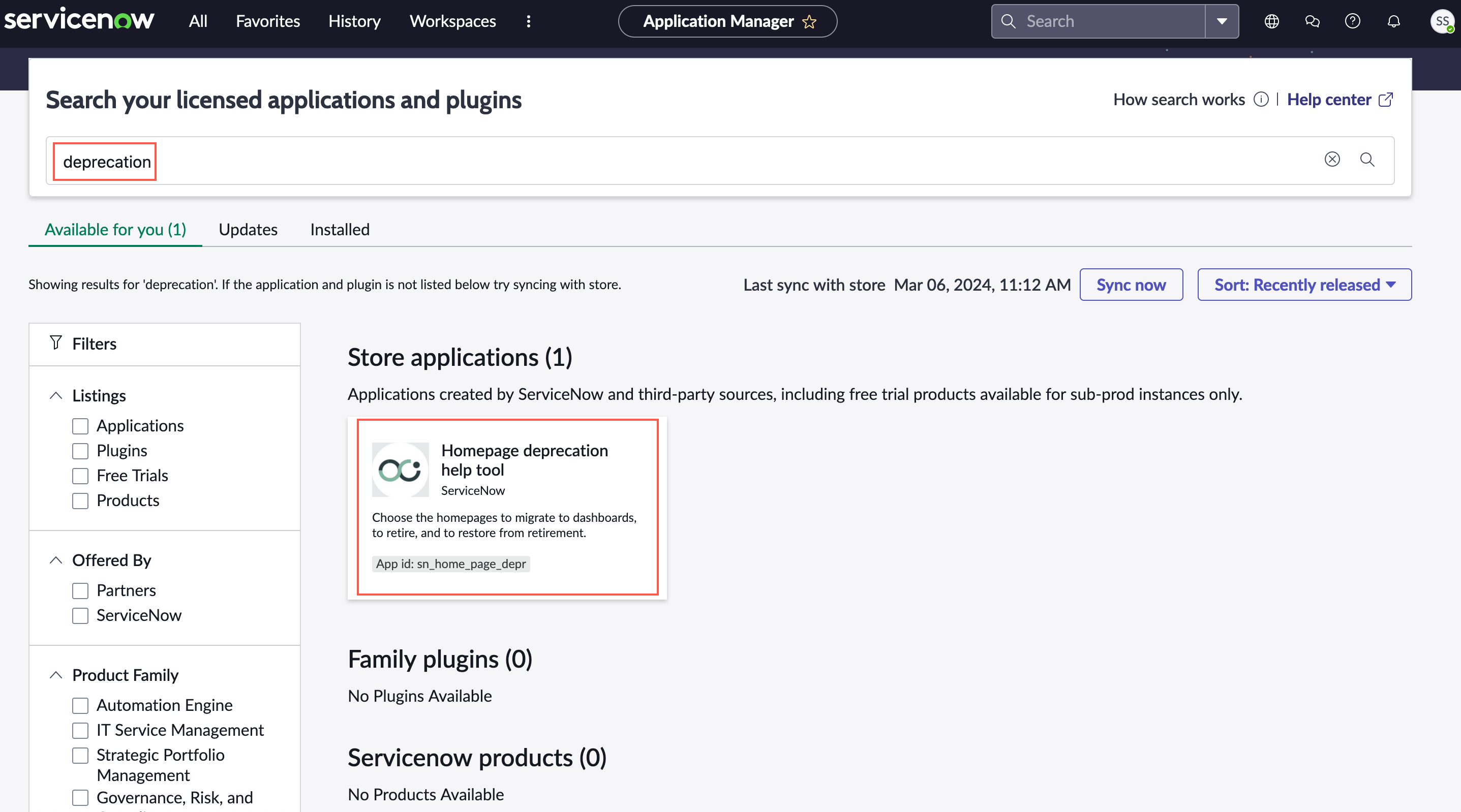 Recherche dans le magasin d’applications avec la chaîne de recherche « dépréciation » renvoyant l’outil d’aide de dépréciation de la page d’accueil avec son bouton d’installation mis en surbrillance.