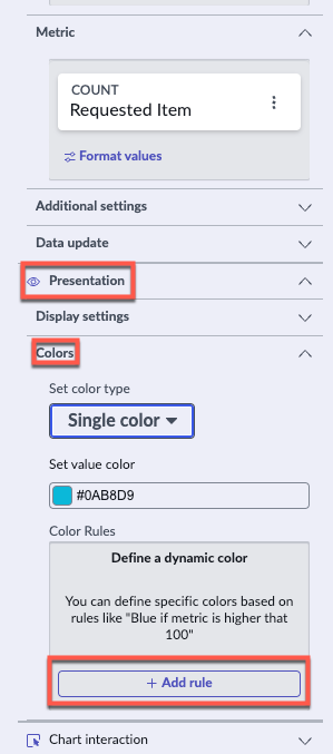 Section Règles de couleur sous Couleurs, sous Présentation, dans le panneau Configuration d’une visualisation de données.