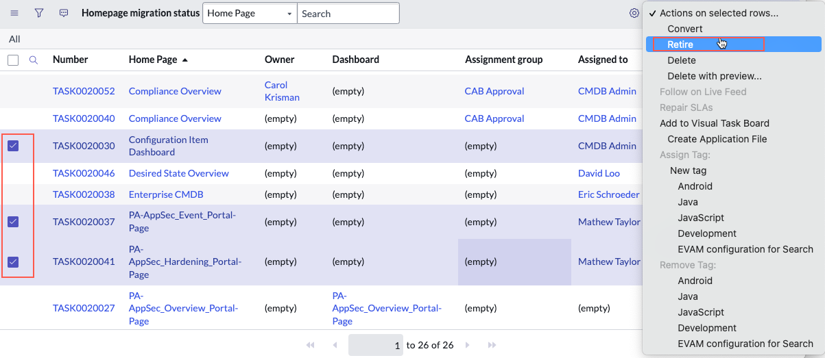 Table d’état de migration de la page d’accueil avec trois pages d’accueil sélectionnées et le menu Actions sur les lignes sélectionnées s’ouvre avec l’option Mettre hors service en surbrillance