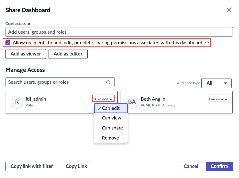 Droits possibles que vous pouvez accorder ou refuser à un utilisateur sur une visualisation de données qui est partagée avec lui.