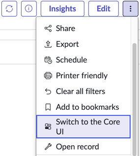 Menu Plus d’actions avec option Basculer vers l’interface utilisateur principale en surbrillance