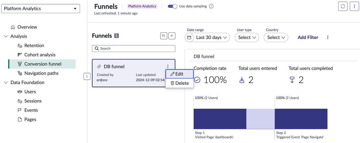 Module d’entonnoir de conversion avec menu Actions et option Modifier mis en surbrillance