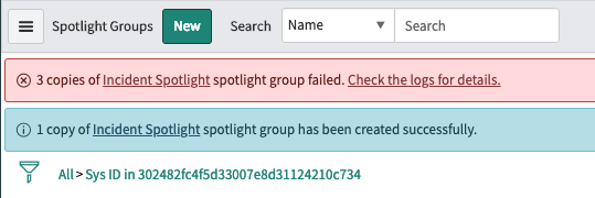 Notifications après une tâche de copie de groupe Spotlight, affichant trois échecs et un succès
