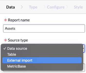 Menu de type de source, option d’importation externe sélectionnée