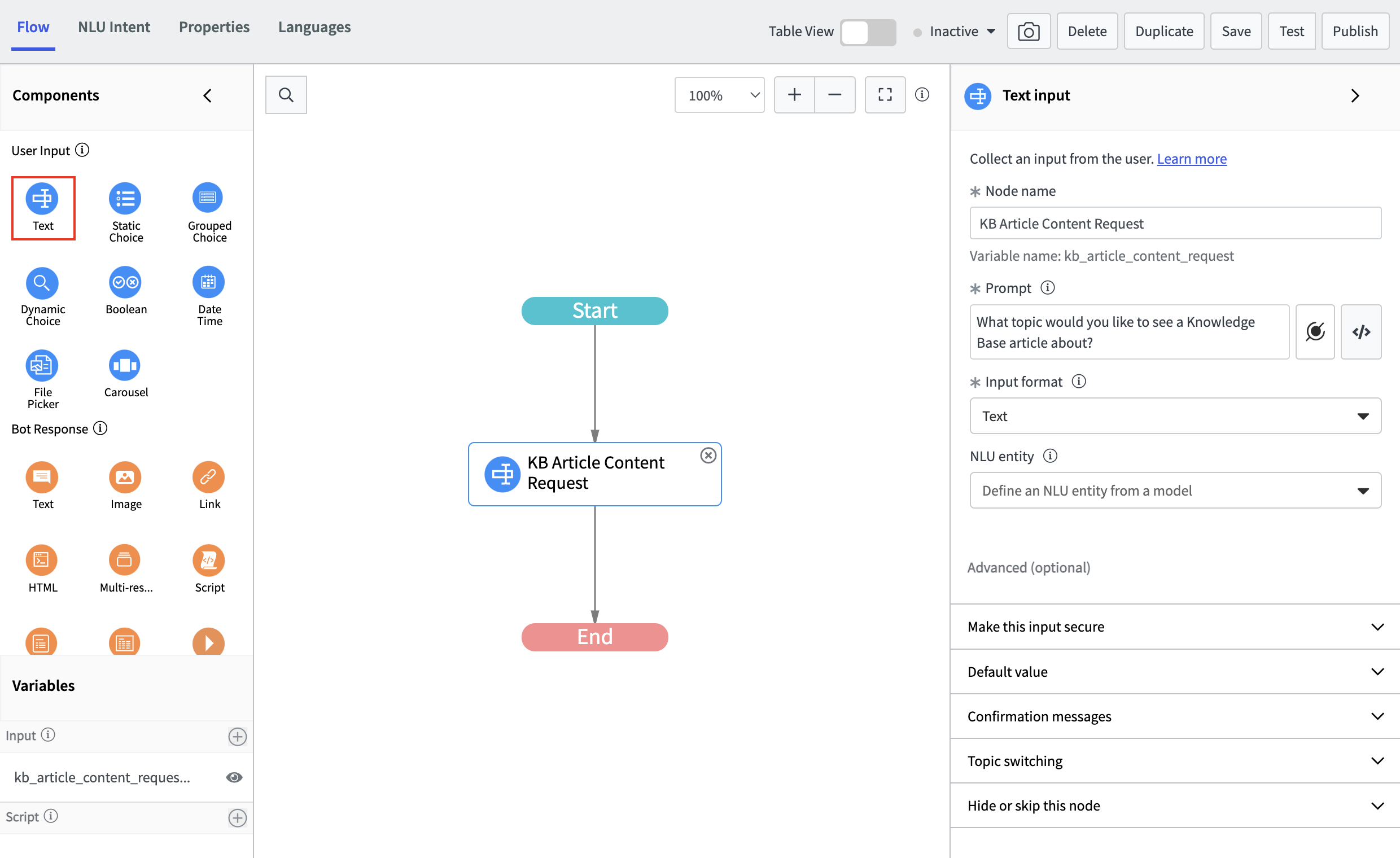 Fluxo de tópico com a solicitação de conteúdo do artigo da base de conhecimento.
