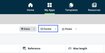 The table landing page contains different views in the top ribbon. The Forms view enables you to create your table as a form.