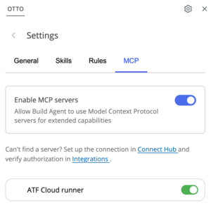 MCP tab of the Settings panel with the Enable MCP servers and ATF Cloud runner toggles turned on.