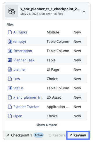 Summary card showing a batch update set with files, each listed with its type and New status, and the Review button highlighted.
