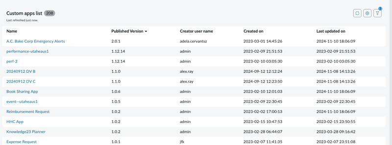 List of all custom apps