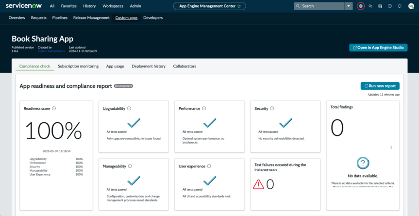 App record page showing the app readiness and compliance report.