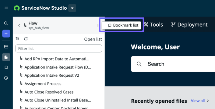 Bookmark a list from more options menu in the Navigator panel.